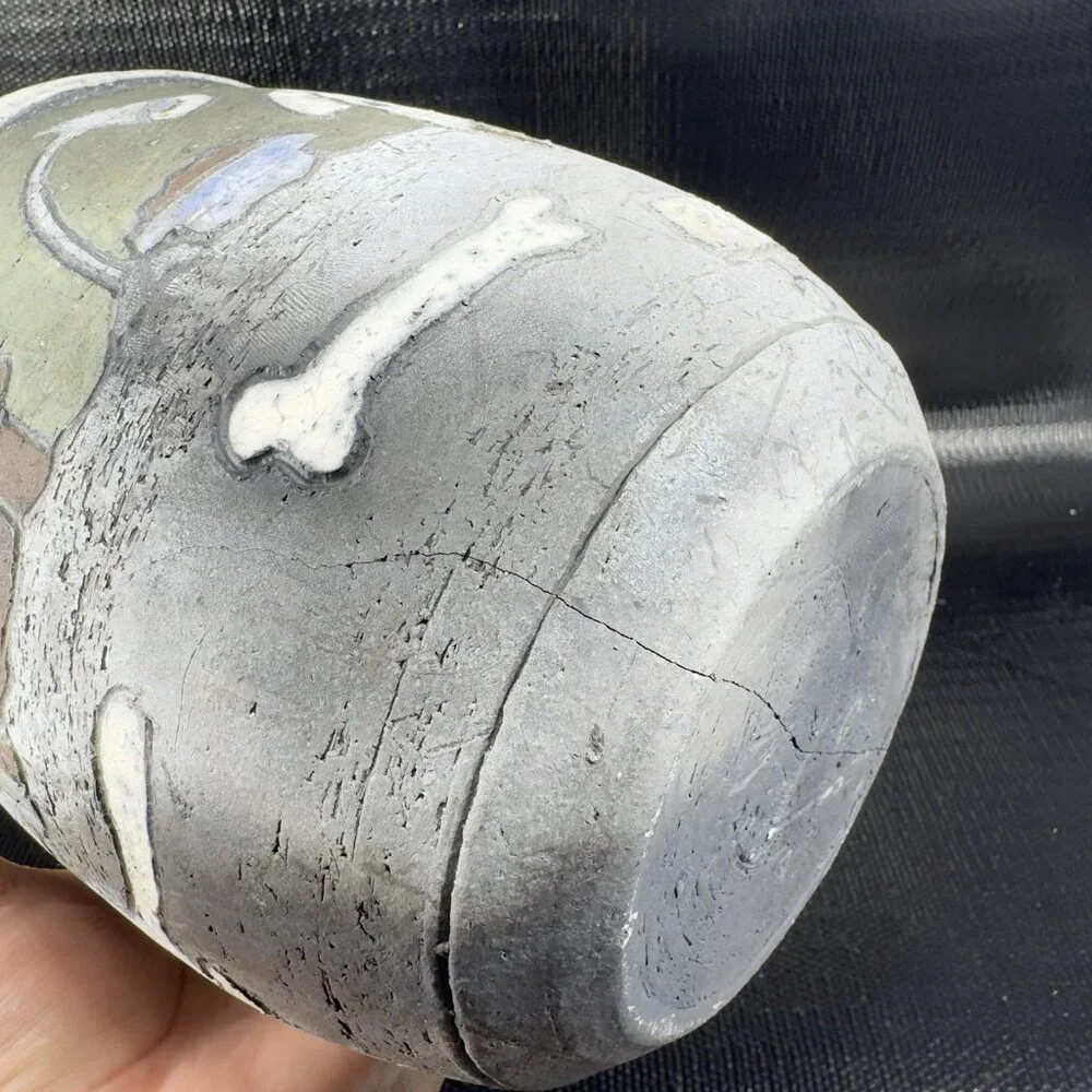 Vintage Hand Made Raku Pottery Large Vase Vessel Dog‎ Fish Couch Signed READ
